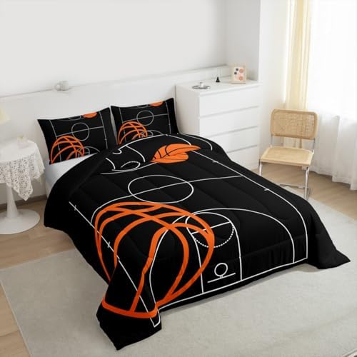Castle Fairy Cartoon Basketball Comforter Set Queen Size Sports Theme Bedding Set for Kids Boys Girls Bedroom Decoration Basketball Court Bed Duvet Insert Black and Orange Comforter with 2 Pillowcase
