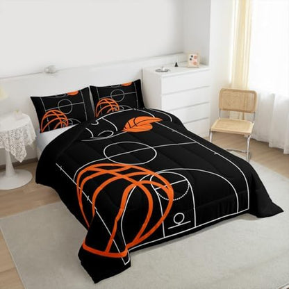 Castle Fairy Cartoon Basketball Comforter Set Queen Size Sports Theme Bedding Set for Kids Boys Girls Bedroom Decoration Basketball Court Bed Duvet Insert Black and Orange Comforter with 2 Pillowcase