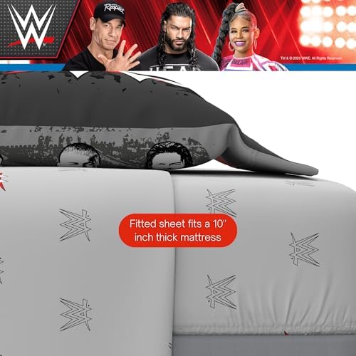 WWE Wrestling Bedding Set, Queen Size 7 Piece Set Super Soft Cozy Reversible Comforter and Sheet Set with Sham, (100% Officially Licensed Product) by Franco