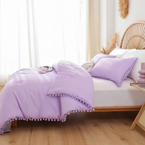YIRDDEO Twin Comforter Set - Comforter Twin Size Bed with Ball Pom Fringe, Soft Bedding Set for All Seasons - 2 Pieces, 1 Comforter (66"x90") & 1 Pillow Sham(20"x26"), Lavender Purple
