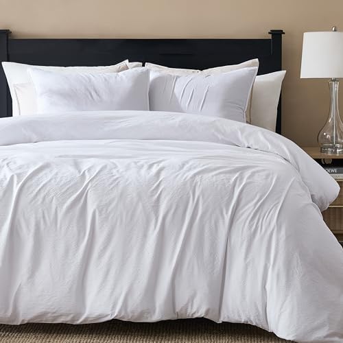WDCOZY White Queen Size Jacquard Duvet Cover Set with Zipper Closure, Modern Washed Soft Striped Bedding, Textured Seersucker Like Cotton Linen, 1 Duvet Cover and 2 Pillow Shams, No Comforter