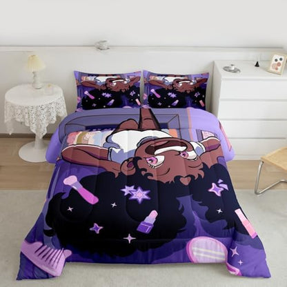 Black Princess Girl Comforter Set Full Size,African American Cartoon Cosmetic Kids Bedding Set,Star Magical Cute Y2K Chic Quilt Comforter,Purple Duvet Insert,2 Pillowcases