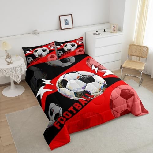 Erosebridal Football King Size Comforter Set for Boys & Girls, Sports Bedding Set for Kids Room Decor, Soccer Theme 3Pcs - Red & Black