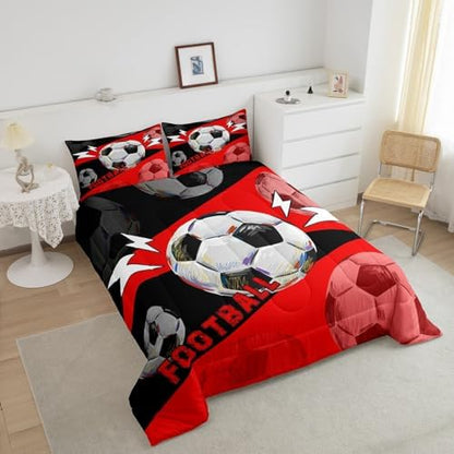Erosebridal Football Twin Bedding Sets for Boys Girls Kids Football Comforter Set Bedroom Decor,Soccer Sports Comforter Sets for Boys Teen Ball Games Bed Quilt Set 2Pcs,Red Black