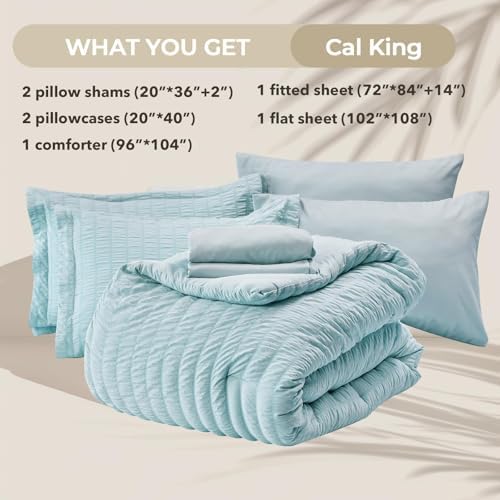 HYMOKEGE Lake Blue California King Comforter Set Seersucker 7 Pieces, All Season Luxury Bed in a Bag for Bedroom, Bedding Set with Comforters, Sheets, Pillowcases & Shams
