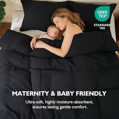 EMME Muslin Cotton Duvet Cover Set Linen Like Black King