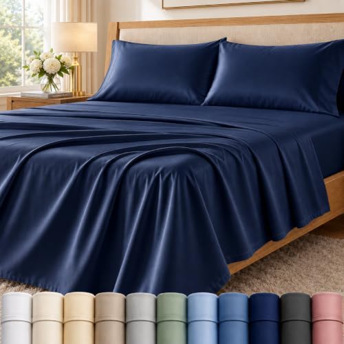 Twin XL Size Bed Set, 400 Thread Count Luxury Cotton Bed Sheets - Navy