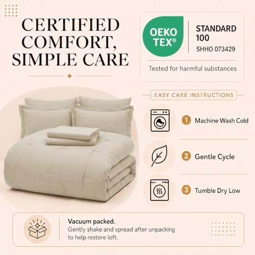 CozyLux King Size Comforter Set Oatmeal, 7 Pieces Bed in a Bag