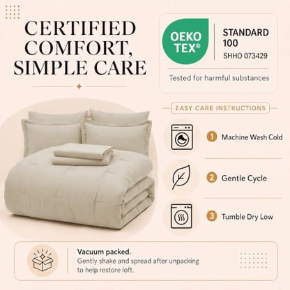 CozyLux King Size Comforter Set Oatmeal, 7 Pieces Bed in a Bag