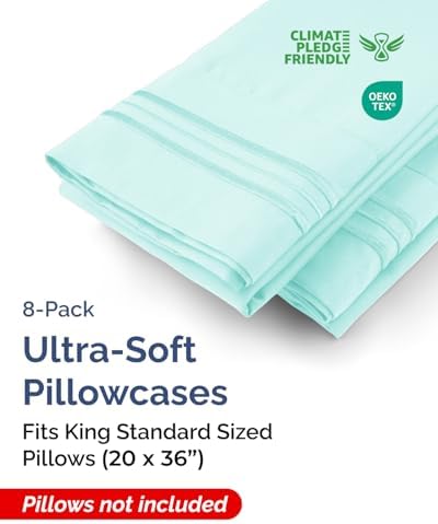 King Standard Pillow Cases Set of 8 - Soft Pillowcase Covers - Spa Blue