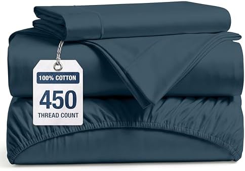 450TC 100% Cotton Twin XL Sheet & Pillowcase Sets - Sateen, Estate Blue
