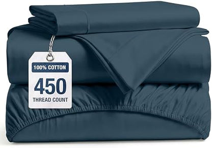 450TC 100% Cotton Twin XL Sheet & Pillowcase Sets - Sateen, Estate Blue