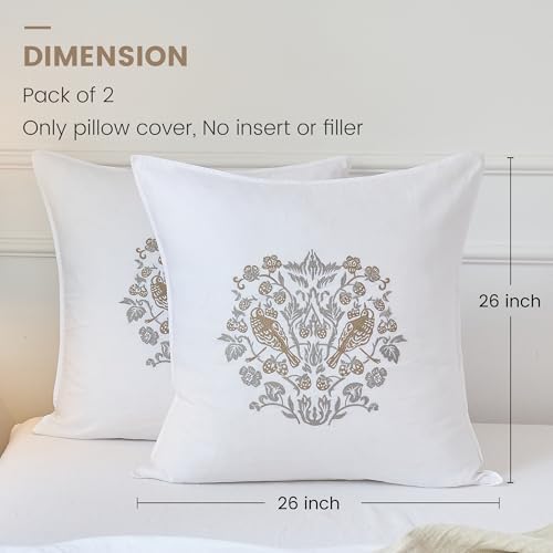 Simple&Opulence 100% Linen Euro Shams 26'' x 26'' Pack of 2, Embroidery Rosefinch Design Natural Flax Farmhouse Decorative Square Throw Pillow Covers for Bed Couch Sofa - White