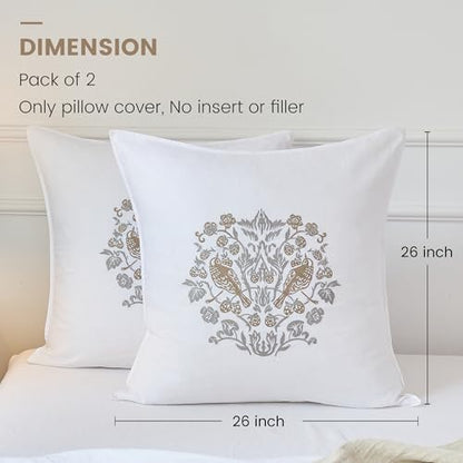 Simple&Opulence 100% Linen Euro Shams 26'' x 26'' Pack of 2, Embroidery Rosefinch Design Natural Flax Farmhouse Decorative Square Throw Pillow Covers for Bed Couch Sofa - White