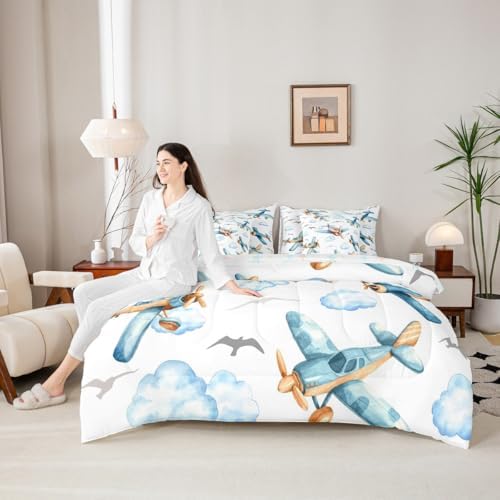Erosebridal Boys Cartoon Propeller Plane Queen 7 Pcs Bedding Set, Aircraft Airplane Comforter Set with Sheets, Blue Clouds Bed in A Bag for Kids Girls Adults Bedroom, Flying Birds Animals Bed Sets