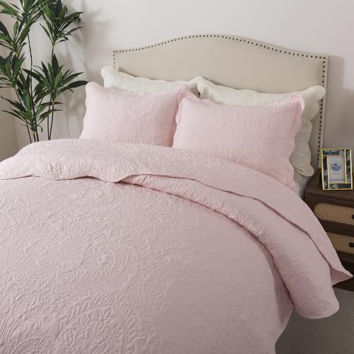 HoneiLife Queen Bedspreads Oversized - 110"x106" Quilt Sets 3-Piece, Quilt Bedding Sets for All Season Use, Reversible Coverlet for Queen Beds-Light Pink