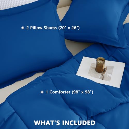 CozyLux Oversized Queen Comforter Set, 3-Piece Box-Stitched, Classic Blue