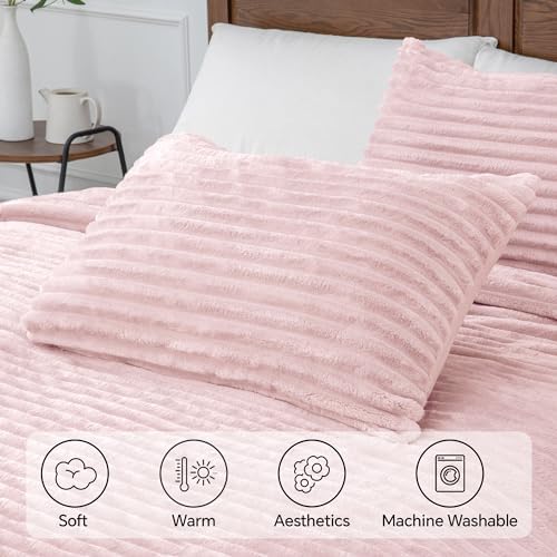 BEDELITE Fleece King Comforter Set, Fluffy Bed Set, Pink