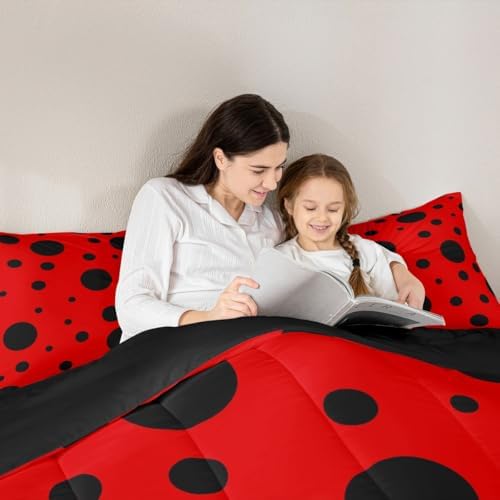 Cute Ladybug Kids Comforter Set Twin Size,Geometric Polka Dot Patchwork Abstract Bedding Set,Girls Boys Room Decor,Ladybird Beetle Insect Quilt Comforter,Red Black Chic Duvet Insert,1 Pillowcase