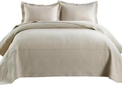 MarCielo 3-Piece 100% Cotton Oversized Bedspread Lightweight Quilt Coverlet Embroidery Farmhouse Bedding Set (TM Khaki Beige, Oversized Queen (100"x106"))