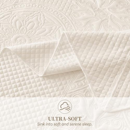 Qucover Oversized King Bedspread 132x120 Medallion Quilt Set Light Beige