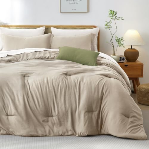 Prewashed Queen Size Comforter Set 7 Pieces, Beige Bed Set