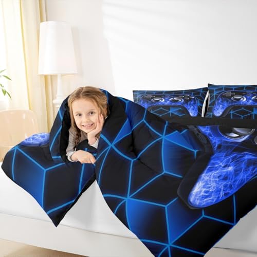 Blue Gaming Comforter Sets for Boys Gamer Gifts,Neon Geometric Toddler Bedding Sets for Boys,3D Geometric Kids Comforter Set Flame Gaming Consoles Decor for Bedroom Decor