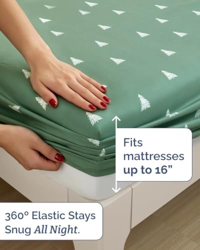 Christmas Sheet Set, Sage Pine Trees, Holiday Xmas Bedding Set - Twin XL