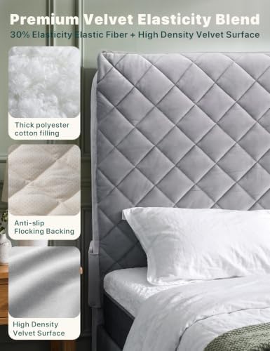 Velvet Bed Headboard Cover Slipcover - Stretch Quilted & Thicken Dustproof Protector for Queen/King, Washable Decorative Headboard Cover for Bedroom (LightGray, 75x27.5 inch)
