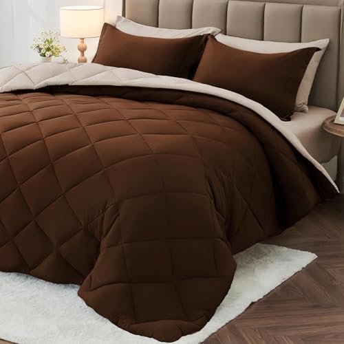 MUXHOMO 7 Pieces King Comforter Set, Reversible Bed in a Bag King Size, All Season Bedding Set with Comforter, Flat Sheet, Fitted Sheet, Pillowcases & Shams, Brown & Khaki