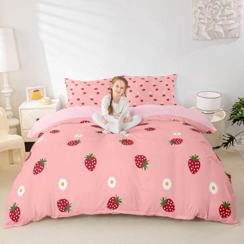 Strawberry Comforter Cover Set Tropical Fruit Bedding Set for Girls Kids Teen Cute Cartoon Fruits Pattern Duvet Cover Soft Microfiber Reversible Bedspread,1 Duvet Cover with 2 Pillowcases, Full