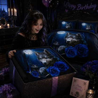 CCoutueChen Wolf Comforter Set Twin Size, Blue Rose Moon Gothic Bedding