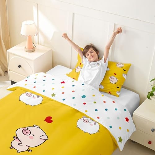 Pig Duvet Cover Cartoon Animal Bedding Set Cute Pigs Printed Decor Yellow Comforter Cover for Kids Teen Girls Boys Soft Microfiber Reversible Bedspread,1 Duvet Cover with 1 Pillowcase, Twin Size