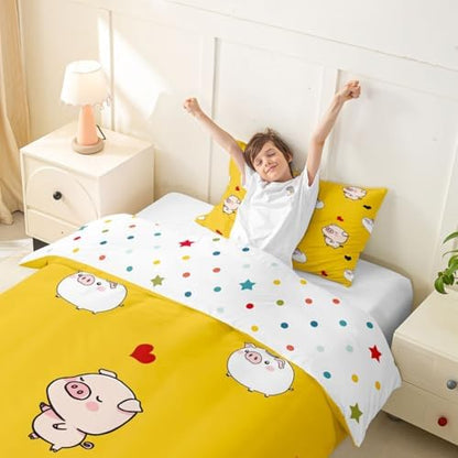 Pig Duvet Cover Cartoon Animal Bedding Set Cute Pigs Printed Decor Yellow Comforter Cover for Kids Teen Girls Boys Soft Microfiber Reversible Bedspread,1 Duvet Cover with 1 Pillowcase, Twin Size