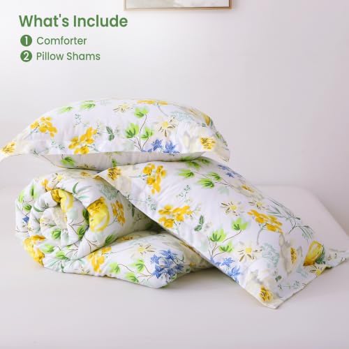 Mooreeke Floral Queen Size Comforter Sets, Lemon Blossoms Patterned Bed in a Bag for All Seasons, 3-Piece Farmhouse Rustic Bedding Set with Fluffy Quilted Reversible Comforter & 2 Pillow Shams