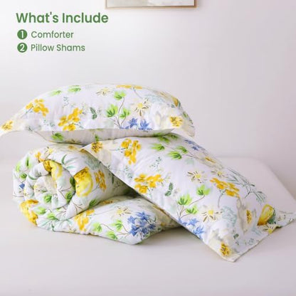 Mooreeke Floral Queen Size Comforter Sets, Lemon Blossoms Patterned Bed in a Bag for All Seasons, 3-Piece Farmhouse Rustic Bedding Set with Fluffy Quilted Reversible Comforter & 2 Pillow Shams