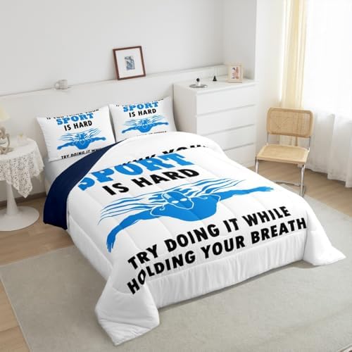 Homewish Swimming Comforter Set Twin Size,Swim Theme Bedding Sets 2Pcs,Water Sports Quilted Duvet for Kids Teens Boys Adult Room Decor,Swimmers Blue White Down Comforter,1 Pillowcase