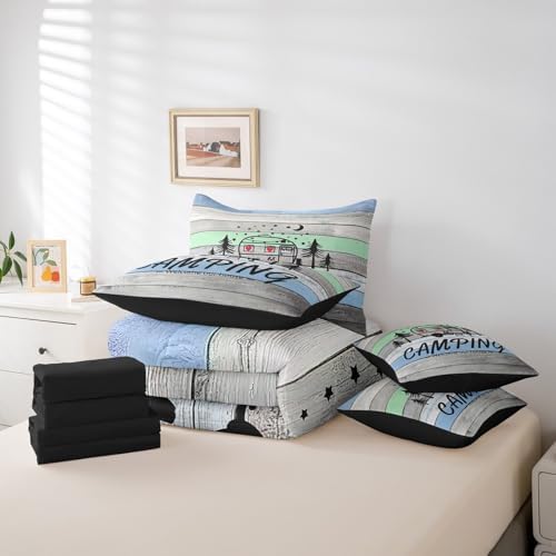 Erosebridal Kids Camping 7 Piece Comforter Set Twin Bed in a Bag Twin,Kawaii Camper Car Sheets,Stars Starry Sky Duvet Insert,Rustic Farmhouse Style Bedding,Woodland Camping Down Comforter Rv Decor
