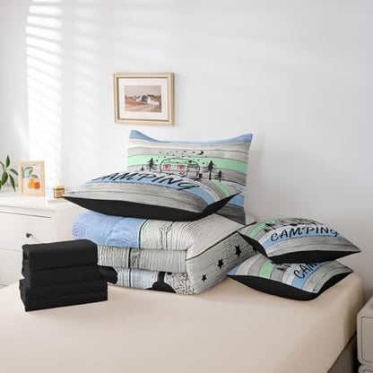 Erosebridal Kids Camping 7 Piece Comforter Set Twin Bed in a Bag Twin,Kawaii Camper Car Sheets,Stars Starry Sky Duvet Insert,Rustic Farmhouse Style Bedding,Woodland Camping Down Comforter Rv Decor