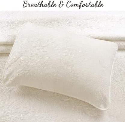 Cozy Line Home Fashions Ivory Cotton Quilt Set – 3-Piece Quilted Damask Medallion Bedspread with Shams, Textured All Season Elegant Bedding, Queen