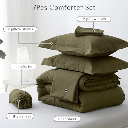 JOLLYVOGUE Queen Comforter Set, Ultra-Soft Bed in a Bag Queen Size 7 Pieces, Oeko-TEX Certified Bedding Set with Down Alternative Comforter, Sheets, Pillowcases & Shams, Olive Green