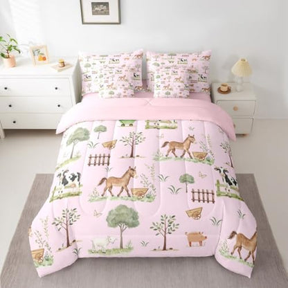 Erosebridal Farm Animal King 7 Pcs Bedding Set Rustic Farmhouse Comforter Set for Boys Girls Pink Cartoon Animal Comforter Kids Cute Horse Sheep Cow Pig Quilt Woodland Trees Sheets Western Room Decor
