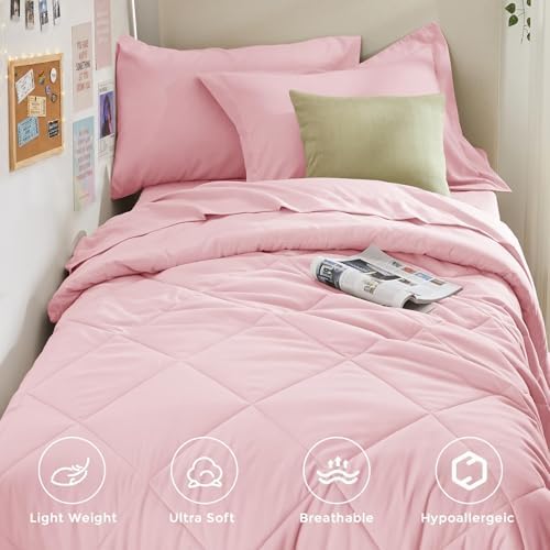 HEVUMYI 5-Piece Twin XL Comforter Set, Pink Bed in a Bag