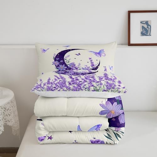 Manfei Lavender Comforter Set King Size, Purple Moon Butterfly Print Bedding Set 3pcs for Kids Girls Bedroom Decor, Botanical Floral Quilt Set Boho Flower Duvet Set with 2 Pillowcases
