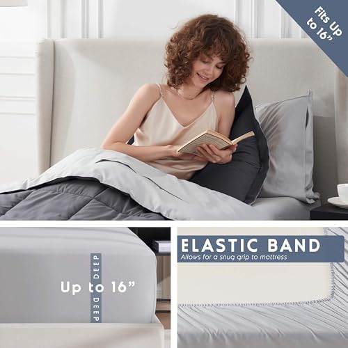 Nestl 7 Piece Twin Comforter Set – Dark Grey Reversible Bed in a Bag – Complete Twin Size Bedding Set with Sheets, Set of 2 Down Alternative Pillows, Pillowcase and Sham