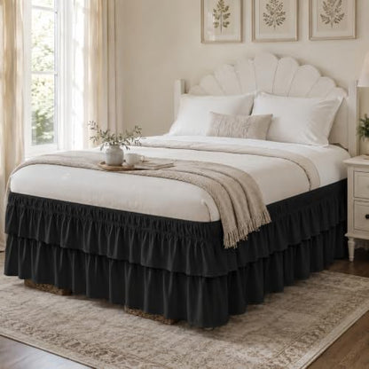 RIMELA Queen Size Ruffle Bed Skirt 16 Inch Drop - Black Double Layered Wrap Around Dust Ruffle, Romantic Cute Design Bedskirt with High-Density Fabric, Soft Stretchy, Easy Install for Queen Bed