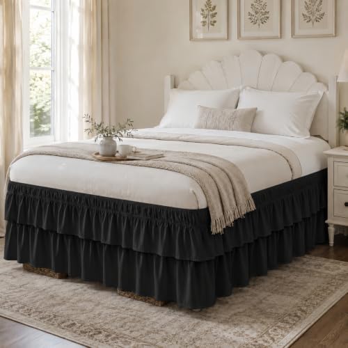 RIMELA Ruffle Bed Skirt Black Queen 15 Inch Drop, Elastic Wrap Around Bed Skirting Queen Size, Easy to Install Dust Ruffle, Machine Washable Soft Fabric, Multi Ruffle Bedskirt