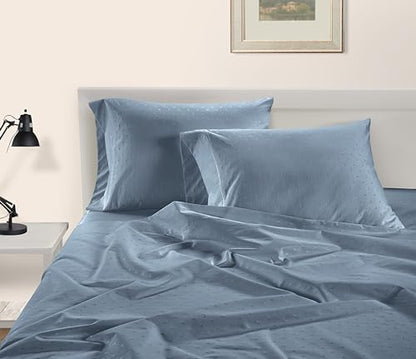 LANE LINEN King Size Sheets Deep Pocket Set Sateen - French Blue Swiss Dot