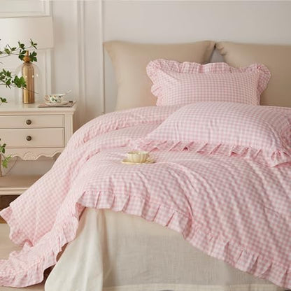 Cupocupa Gingham Ruffle Comforter Set King - 3 Piece Pink Checkered Bedding Set - Aesthetic Cottagecore Ruffled Farmhouse Comforter with 2 Pillow Shams - Soft, Lightweight All Season Bedding