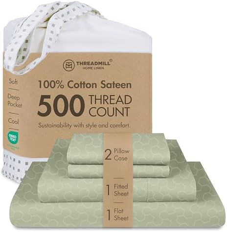 Threadmill 500 Thread Count King Size 4 Pc Luxury Cotton Bed Sheet Set, Jacquard Floria Sage Green, Silky Soft Sheets with 16" Elasticized Deep Pocket, 2 Pillowcases & Free Tote Bag